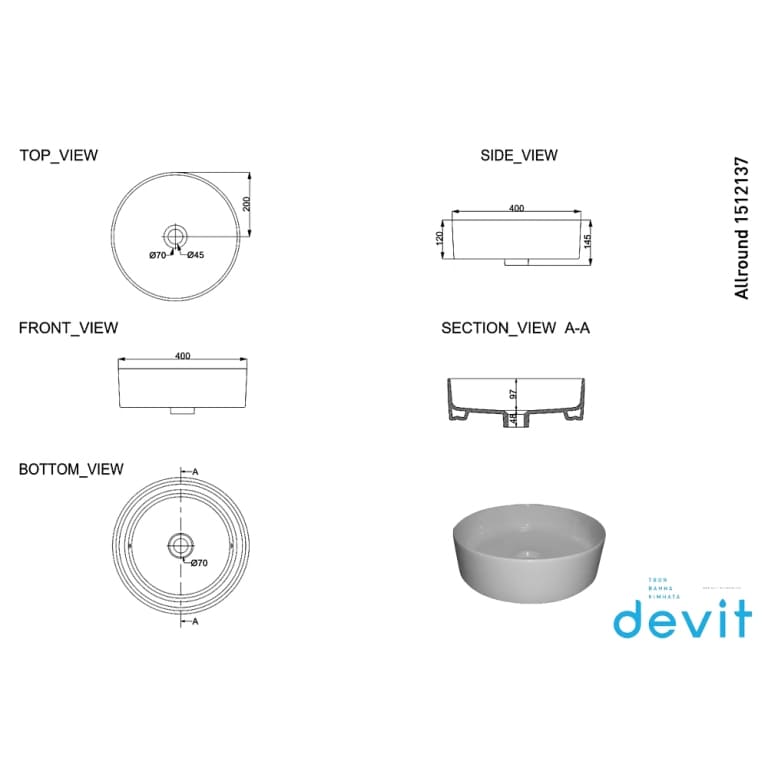 Раковина тонкостінна Devit Allround 40x40x14,5см (1512137)