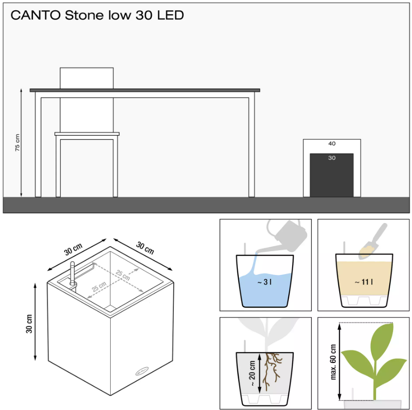 Вазон Lechuza Canto Stone 30 low Led сірий камінь 30x30x30см 3л (13630)