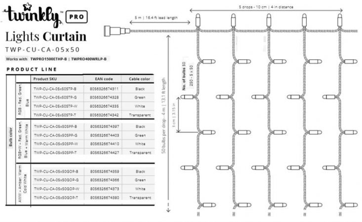 Гірлянда Twinkly Smart LED Pro Curtain RGBW 250, AWG22, IP65 (TWP-CU-CA-05X50SPP-G)