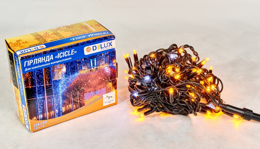 Фото гирлянда наружная delux icicle 108led ip44 en желтый 2x1м (90015180)