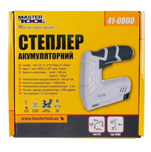 Степлер акумуляторний MASTERTOOL скоба 6-14мм 11,3x0,7мм (41-0800)