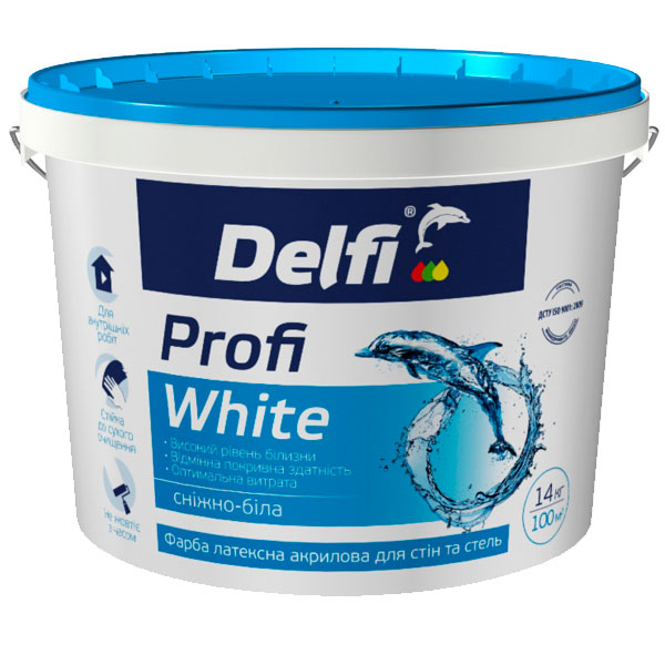 Краска латексная акриловая Delfi Profi White для стен и потолков 14кг