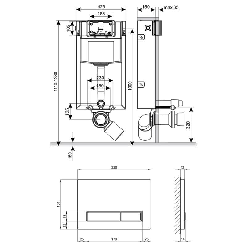 Инсталляция Qtap Nest ST с линейной панелью смыва (QT0133M425M08V1091MB)