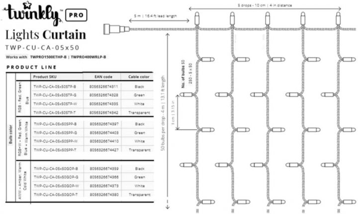 Фото гирлянда twinkly smart led pro curtain rgbw 250, awg22, ip65 (twp-cu-ca-05x50spp-w)