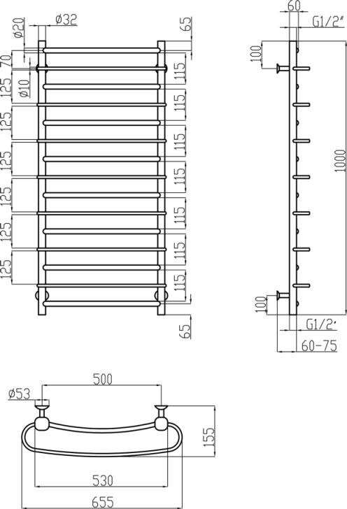 Рушникосушарка водяна Lidz Standard РЛС D32/20х1/2" 500x1000 (LSTNDRLSD322012501006WAT)