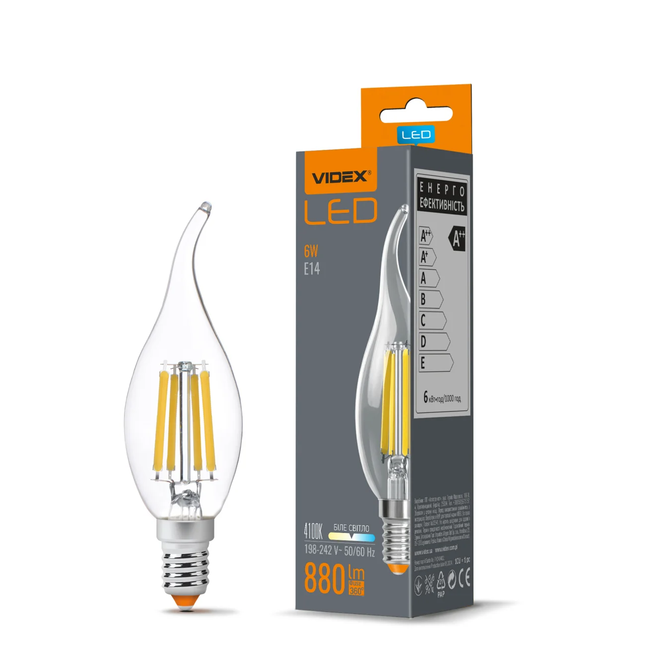 Лампа VIDEX Filament C37Ft 6W E14 4100K (VL-C37Ft-06144)