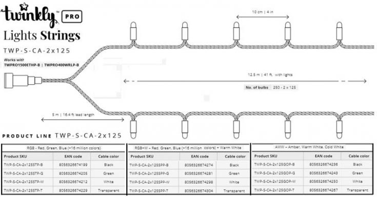   twinkly smart led pro strings rgb 250, awg22, ip65 (twp-s-ca-2x125stp-g)
