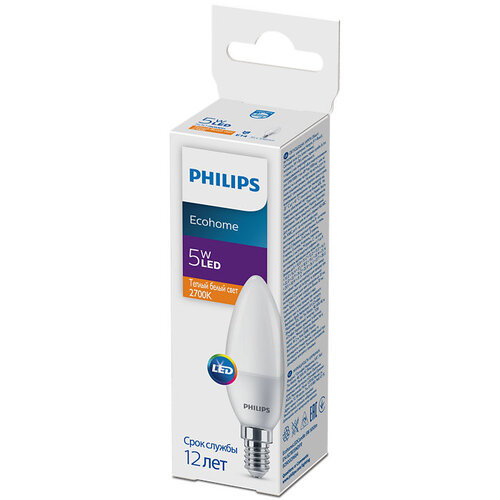 Фото светодиодная лампа philips ecohomeledcandle 5w 500lm e14 840 b35ndfr (90019087)