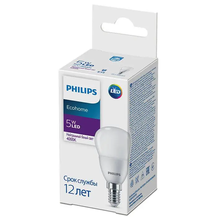 Фото светодиодная лампа philips ecohomeledlustre 5w 500lm e14 840 p45ndfr (90019089)