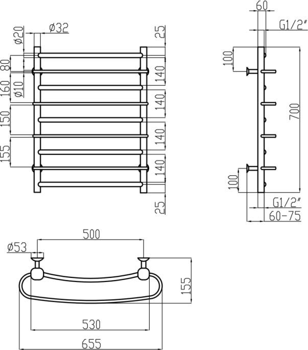 Рушникосушарка водяна Lidz Standard РЛС D32/20х1/2" 500x700 (LSTNDRLSD32201250705WAT)