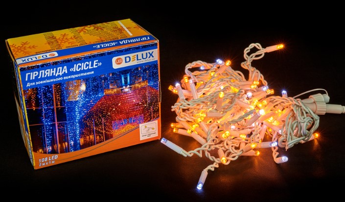 Фото гирлянда наружная delux icicle 108led ip44 en желтый 2x1м (90015179)