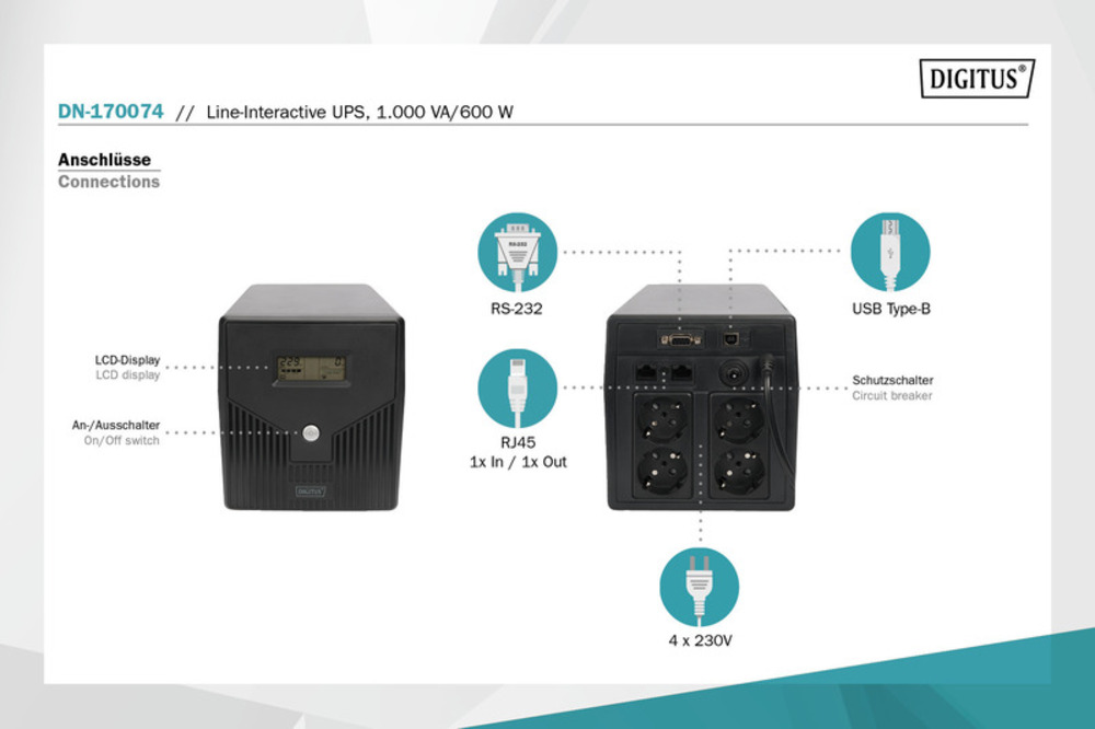 Источник бесперебойного питания Digitus 1000VA/600W LCD RJ45 RS232 USB 4xSchuko (DN-170074)