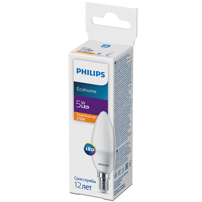    philips ecohomeledcandle 5w 500lm e14 827 b35ndfr (90019086)