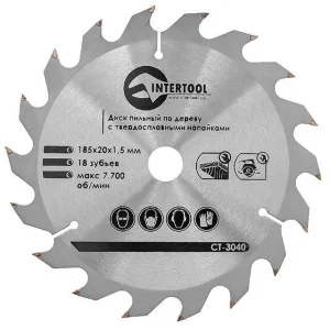 Круг пиляльний по дереву Intertool з твердосплавними напайками 185x20x1,5мм (CT-3040)