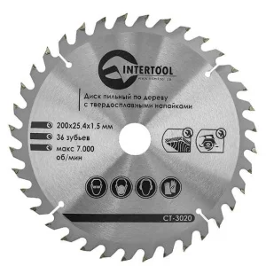 Круг пиляльний по дереву Intertool з твердосплавними напайками 200x25,4x1,5мм (CT-3020)
