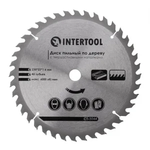 Круг пиляльний по дереву Intertool з твердосплавними напайками 230x22,2x1,6мм (CT-3044)