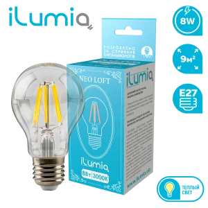 Світлодіодна філаментна лампа ilumia 057 LF-8-A60-E27-WW 820Лм, 8Вт, 3000К