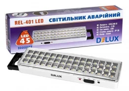 Фото аварийный светильник delux rel-401 3,7 v1,5ah 45led 3w 230x65x30мм (90016959)