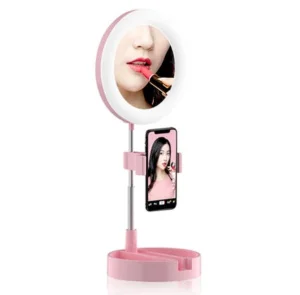 "Дзеркало для макіяжу UFT MH2 Pink з LED підсвічуванням та з тримачем для телефону для бьюті блогерів (UFTMH2pink)"